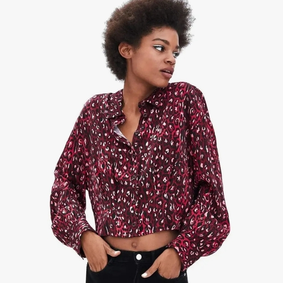 Zara TRF Collection Cropped Blouse Red Leopard Print Size Large - Picture 1 of 7